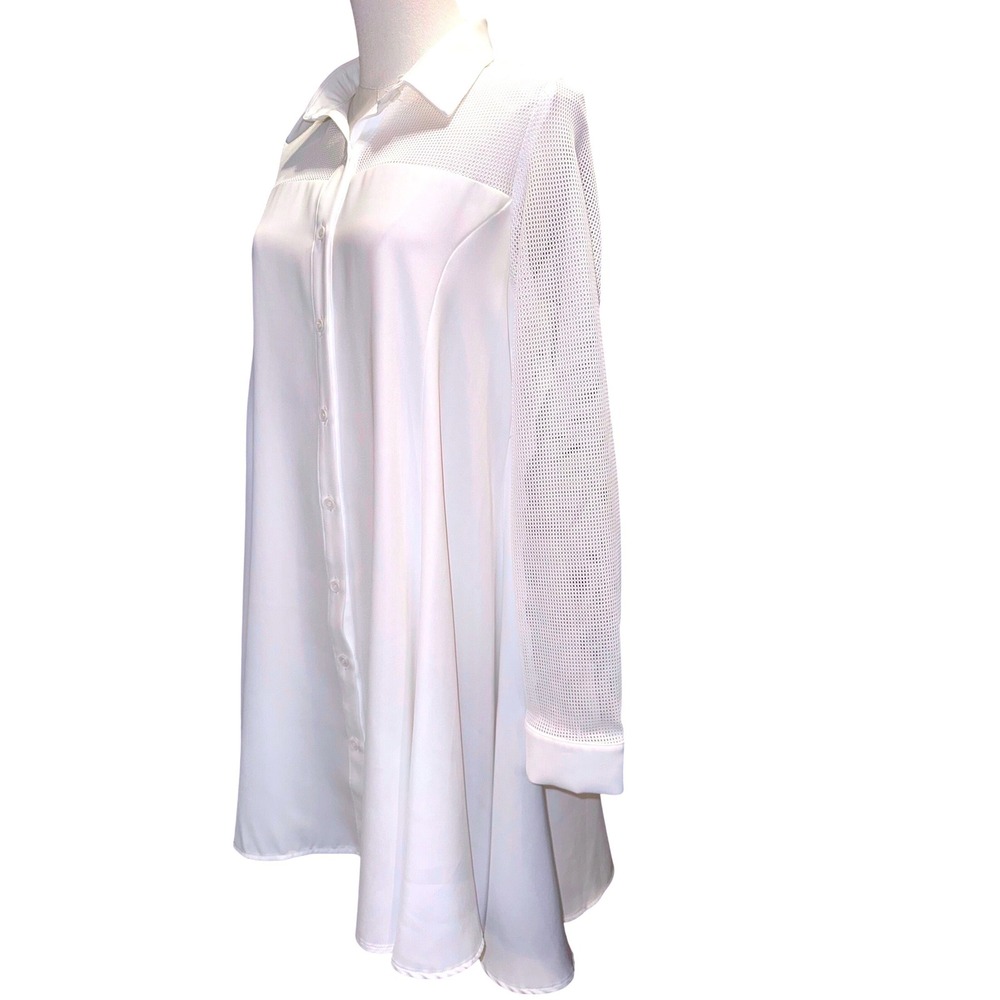 Gracia White Mesh Panel High-Low Button Down‎ Tunic Shirt D23566 Womens Medium - Picture 4 of 12